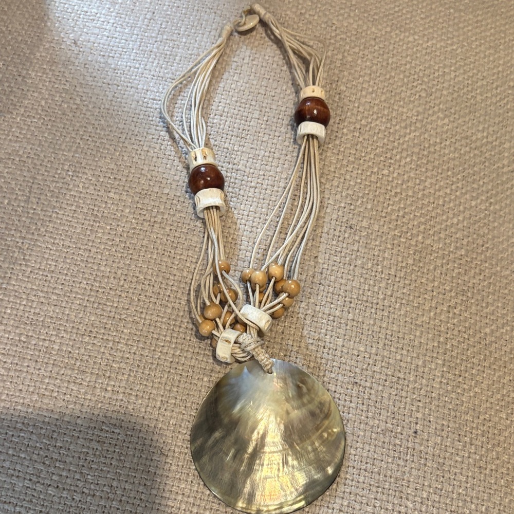 Shell Pendant Necklace with bone and Wooden Beads